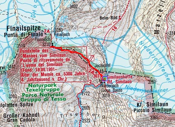 Ötzi-Fundstelle (3210 m) von der Similaunhütte