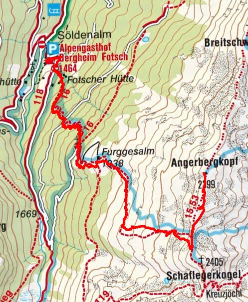 Angerbergkopf (2399 m) vom Alpengasthof Bergheim Fotsch