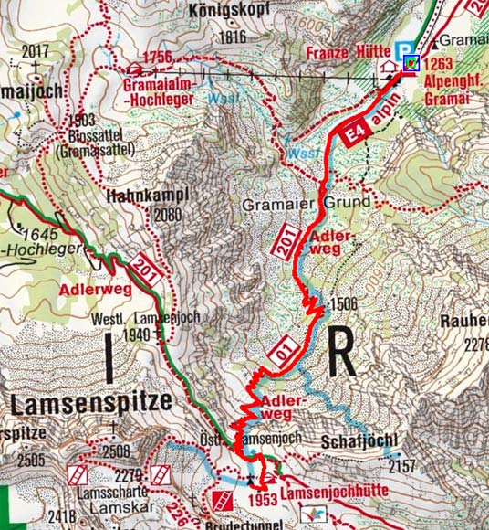 Lamsenjochhütte (1953 m) aus dem Falzturntal