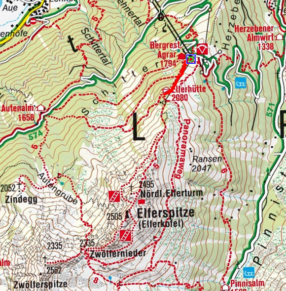 Elferhütte (2080 m) von der Bergstation Elfer