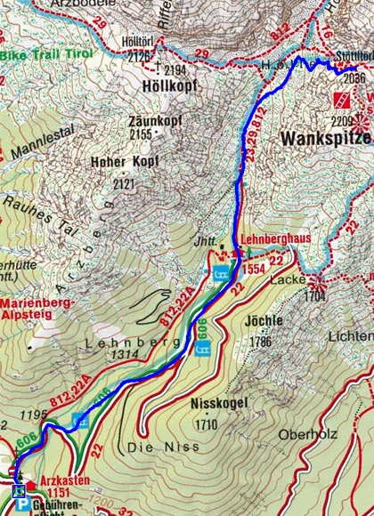 Stöttltörl (2036 m) vom Gasthof Arzkasten