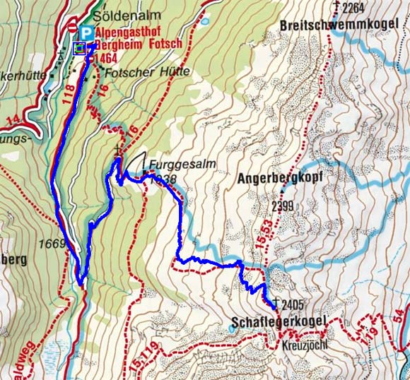 Schaflegerkogel (2405 m) vom Alpengasthof Fotscher Bergheim