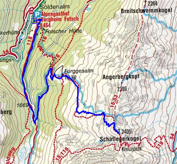 Schaflegerkogel (2405 m) vom Alpengasthof Fotscher Bergheim Schaflegerkogel (2405 m) vom Alpengasthof Fotscher Bergheim