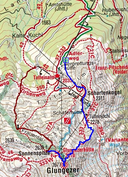 Glungezer-Sonnenspitze (2677/2639 m) von Tulfein