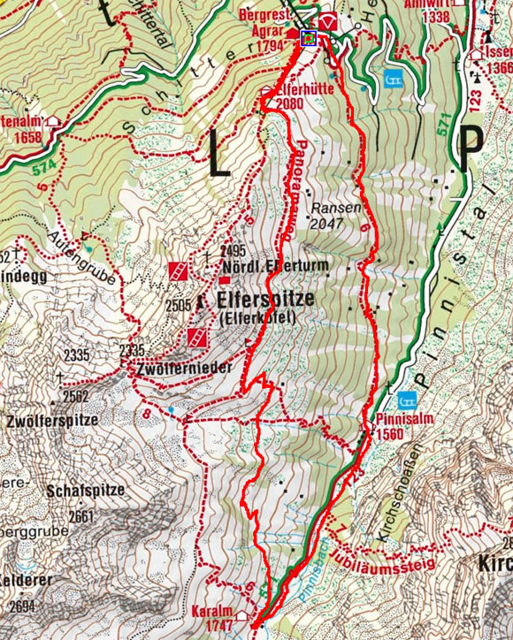 Elfer Bergstation – Elferhütte - Panoramaweg - Karalm