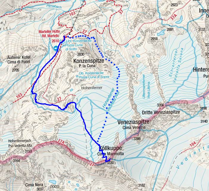 Köllkuppe (Cima Marmotta, 3330 m) von der Marteller Hütte