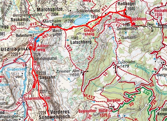 Sagzahn-Vorderes Sonnwendjoch (2228/2224 m) vom Berghaus Sonnwend