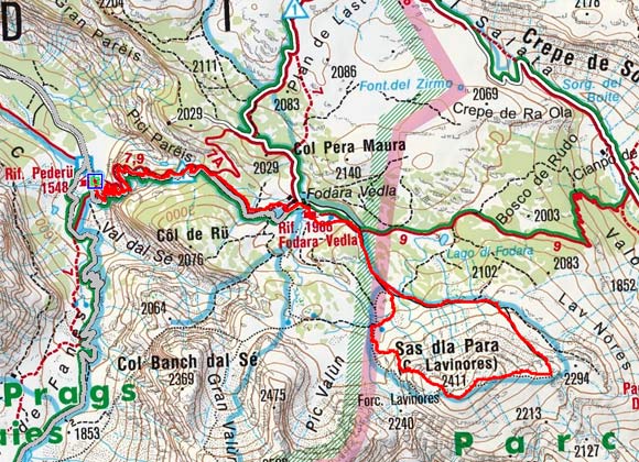 Sas dla Para (Lavinores, 2460 m) von der Pederü Hütte