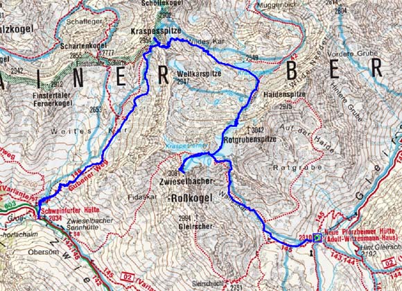3 Tag: Pforzheimerhütte-Zwieselbacher Roßkogel-Kraspesspitze-Schweinfurterhütte