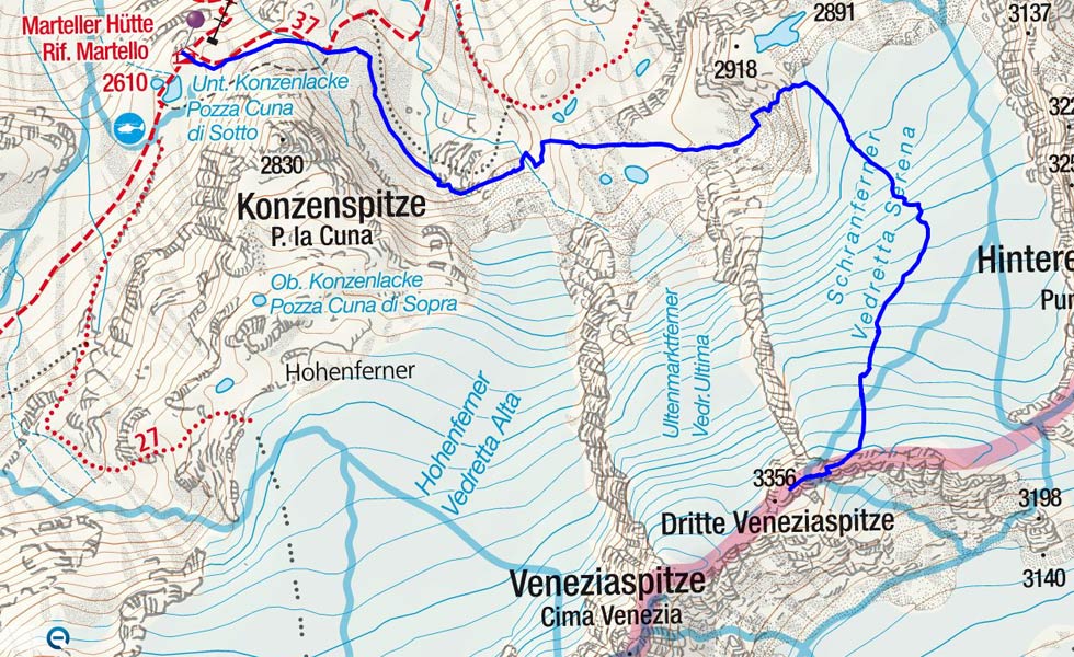 Östliche Veneziaspitze (3356 m) von der Marteller Hütte