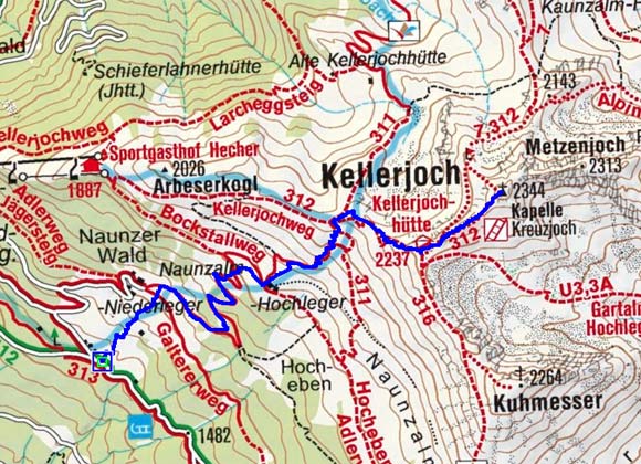 Kellerjoch - Kellerjochhütte (2237/2344 m) über die Naunzalm
