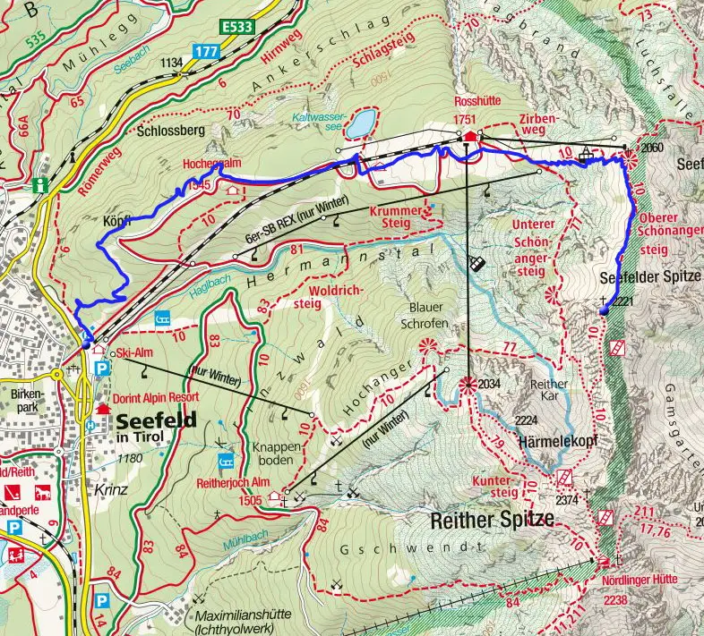 Seefelder Spitze (2221m) von der Talstation der Rosshüttenbahn Seefelder Spitze (2221m) von der Talstation der Rosshüttenbahn